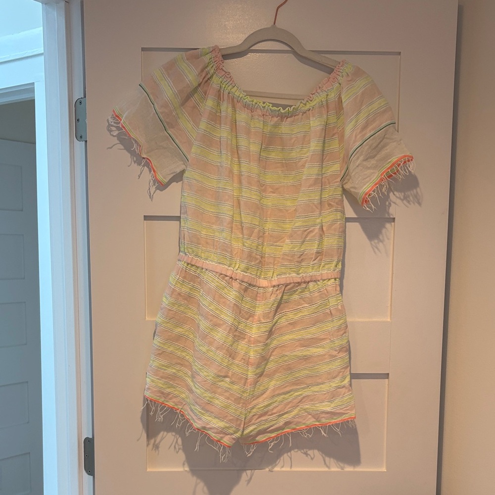 Lemlem Pastel Striped Off-Shoulder Romper with Fringe Trim